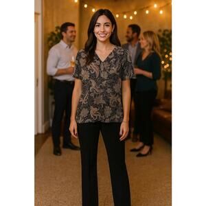 Croft Barrow Womens Black Beige Brown Floral V-Neck Boho Lined Blouse, 1X